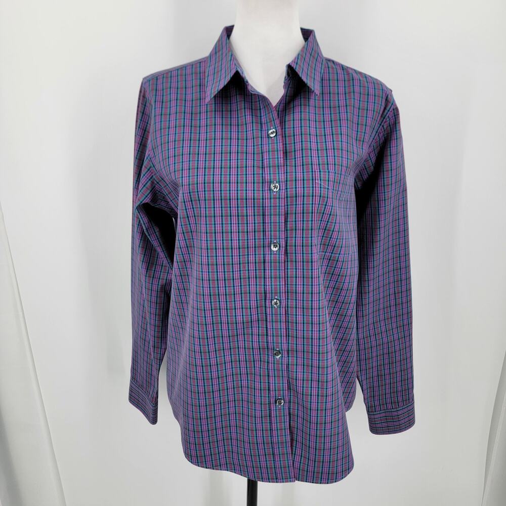 LL Bean Plaid Shirt Womens Medium Wrinkle Free Cotton Button Up Blue Pink Green